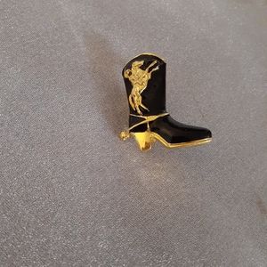 1/2 PriceMarked Black Cowboy Boot Pin with Cowboy Horse and Saddle Spur